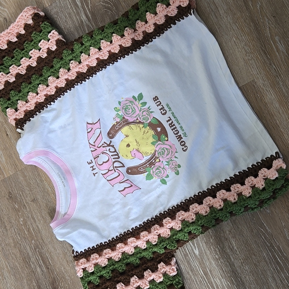 Upcycled Handmade Crochet Tee Lucky Duck Cowgirl Club Girls
